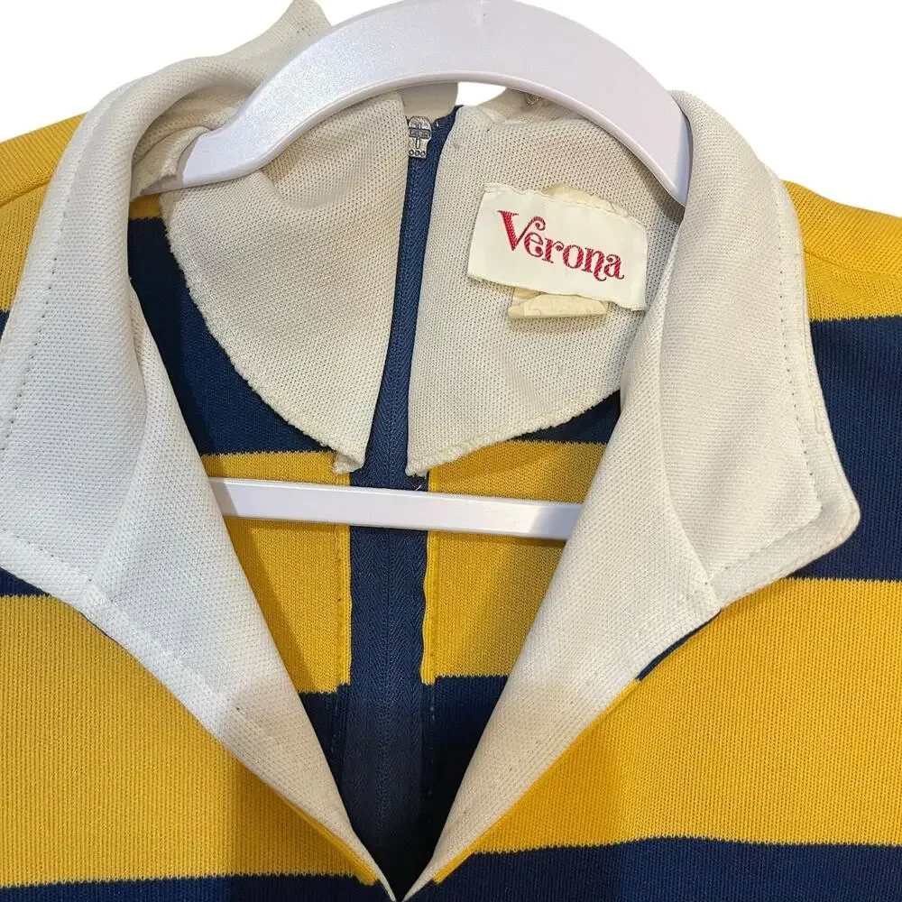 Verona Long Sleeve Knee Length Dress Women's 10 Yellow Blue Striped VTG Preppy